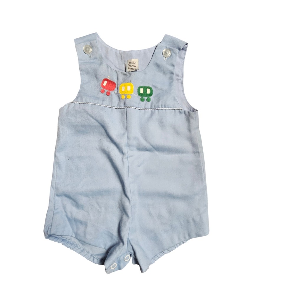 Vintage Train Embroidered Romper Sunsuit Baby Boy 6-9 Mos Snap Bottom Kidcore